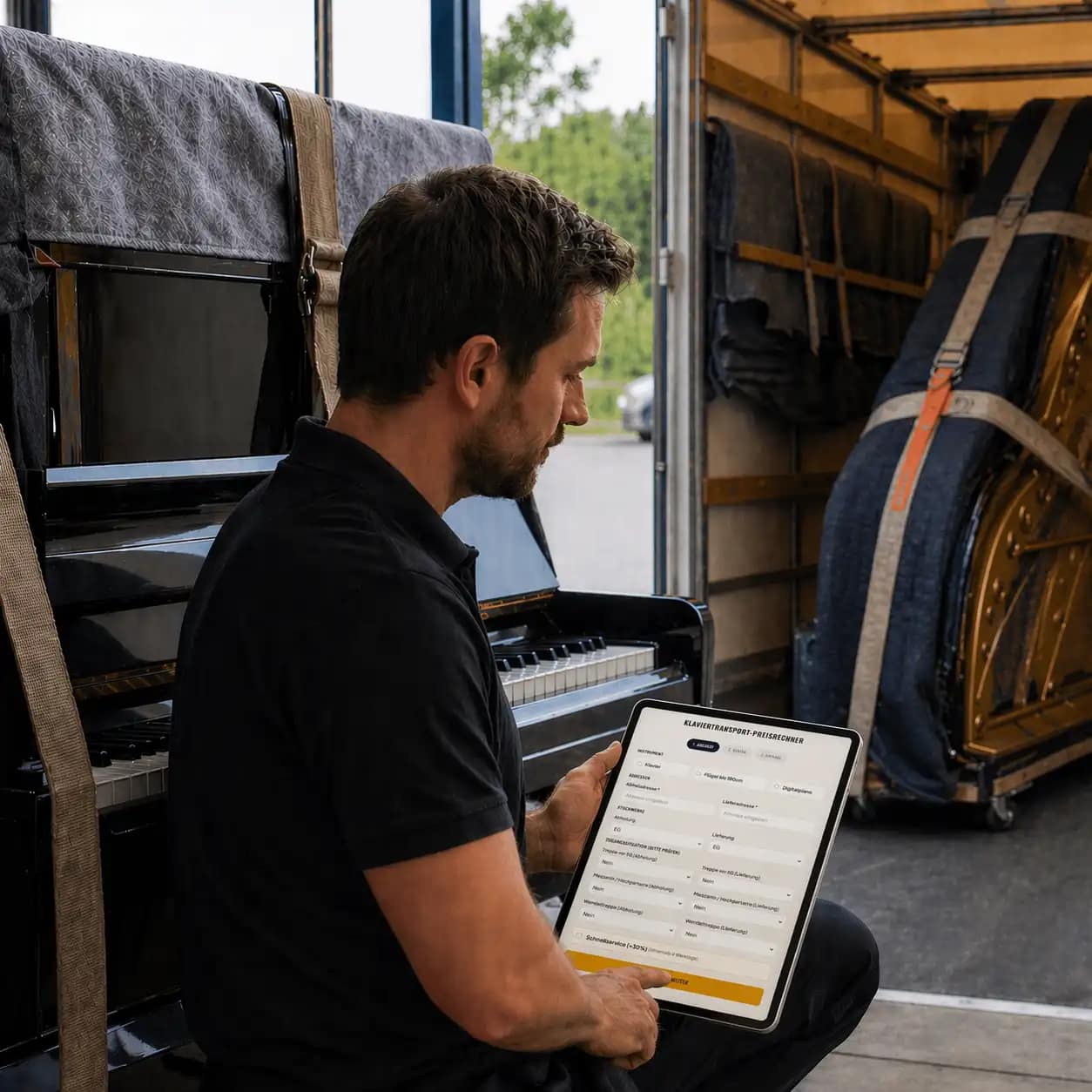 Piano mover checking the price in the online calculator on a tablet
